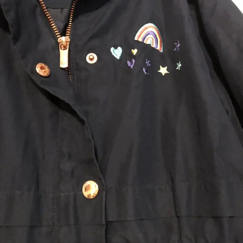 New ROKKA & ROLLA Hooded Trench Coat Rain Jacket Embroidered Night Sky LG 10\12